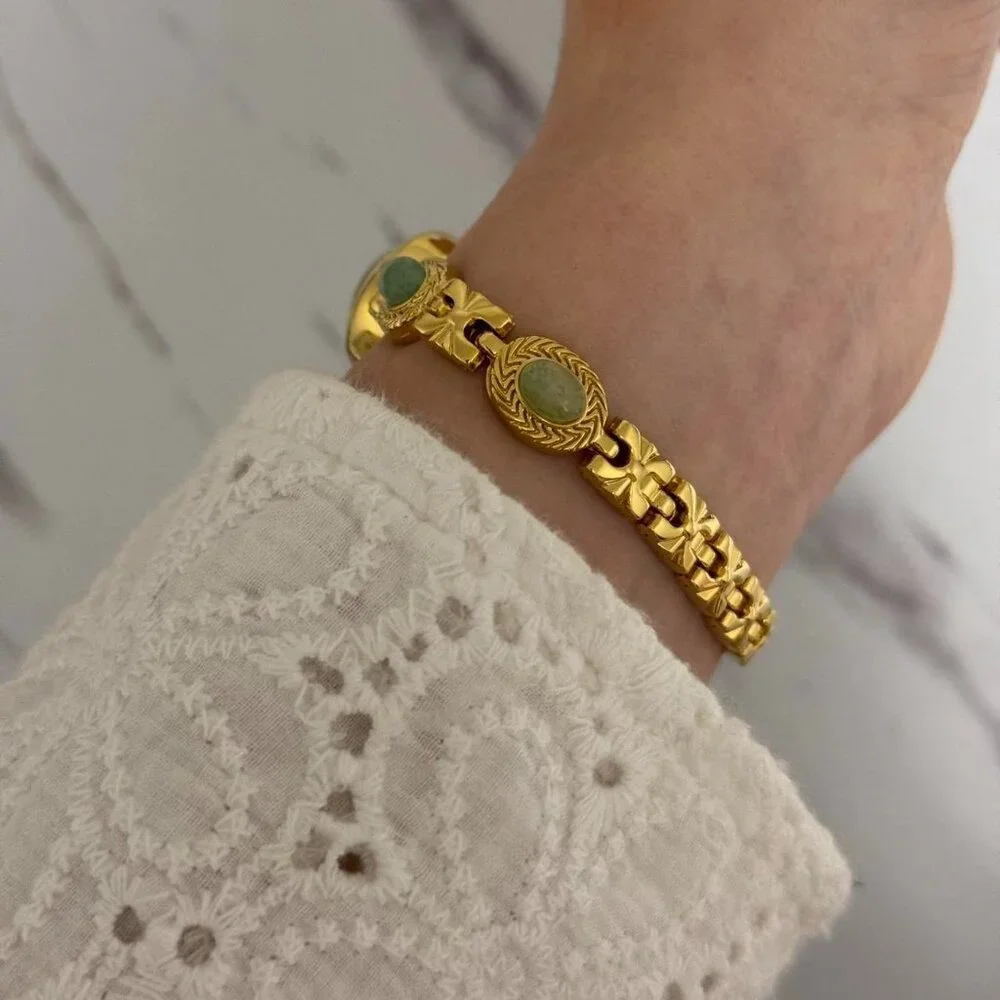 SKU:0018 gold mini watch bracelet with green natural stone inserts vintage style